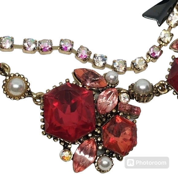BETSEY JOHNSON RETIRED FAUX RUBY JEWEL, PEARL & CRYSTAL GOLDTONE CHAIN NECKLACE - Picture 6 of 8